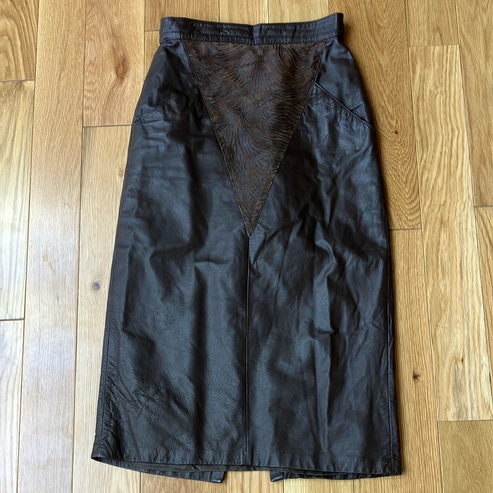 Vintage Brown genuine Leather pencil Skirt with pockets, triangle details sz 7/8